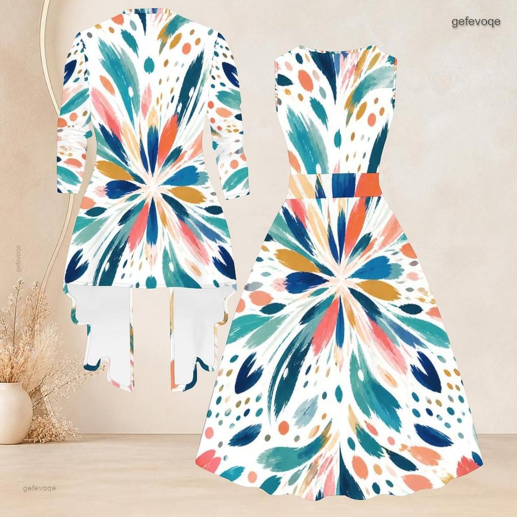 Women Plus Size Two Piece Set Round Neck Sleeveless Tie Waist Flared Dress 3 4 Sleeve Printed Cardigan