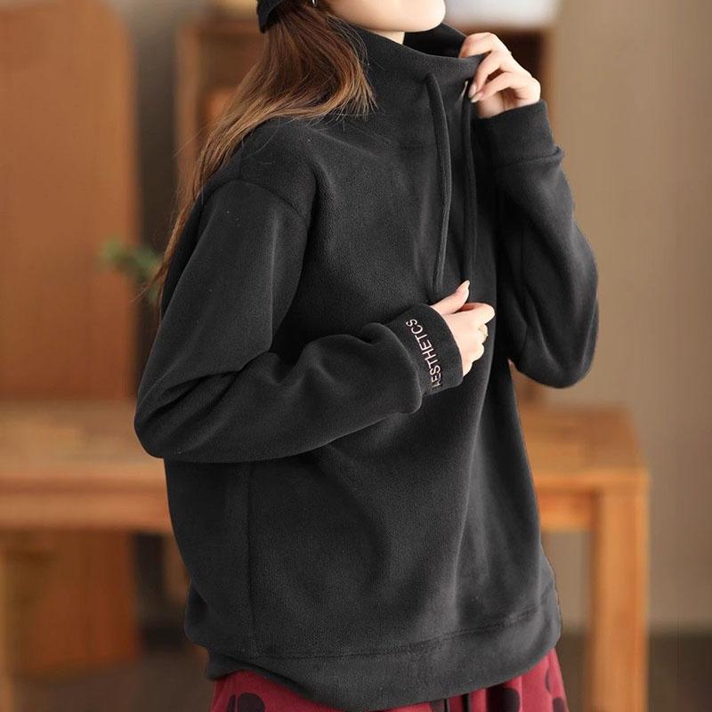 Women's Moral Velvet Sweatshirt Autumn Winter Loose Casual Flocked Pullover Sweatshirt Comfortable Warm Stand Collar Sweatshirt