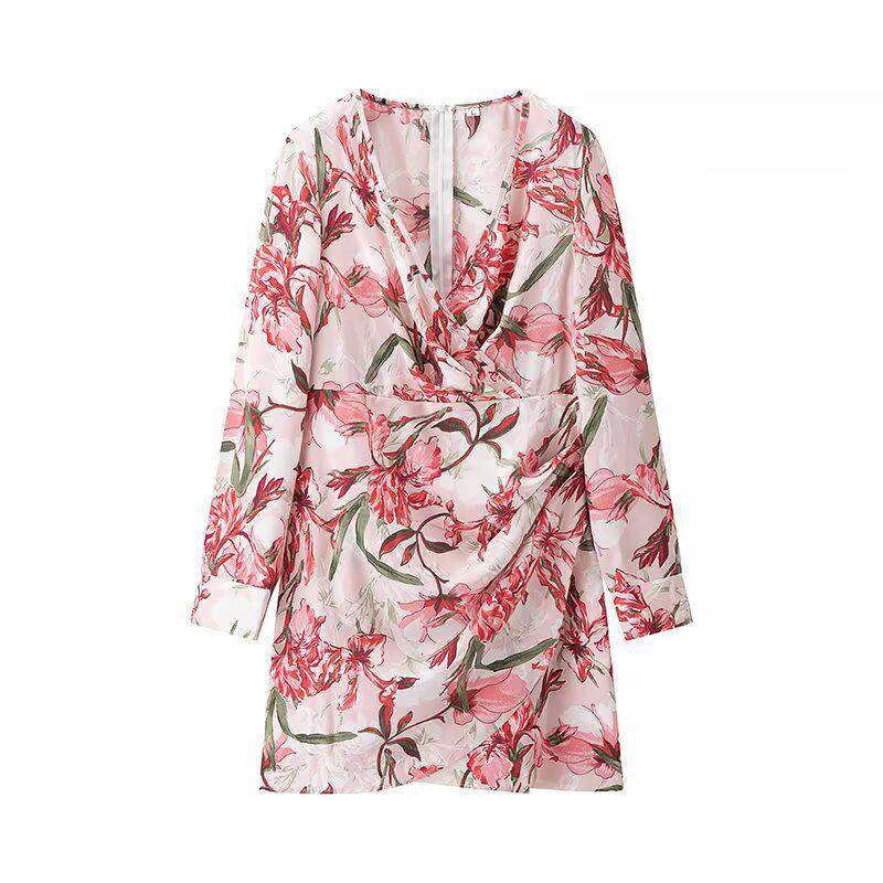 

Весна 2025 Женское европейское и американское платье с V-образным вырезом и принтом: Модный, С длинным рукавом, Подчеркивающий талию S цветочный