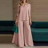 Women's V-Neck Long Sleeve Top and Wide Leg Pants 2-Piece Set - Casual Outfit