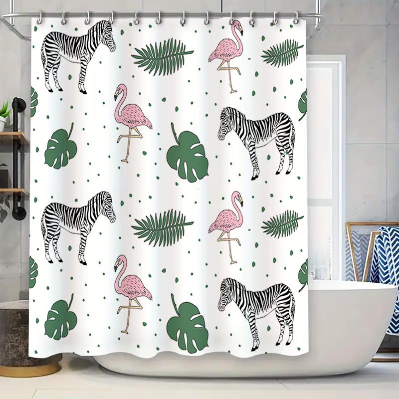 

Animal Leaf Print Shower Curtain Black White Zebra With Pink Flamingo Green Monstera Leaves For Home Bath Decor W60H190(CM)-1 Pcs