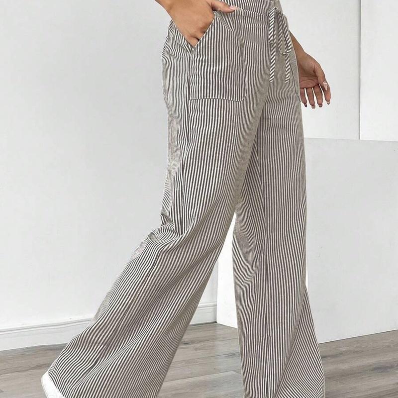 Women's Striped Wide Leg Pants Drawstring Waist Loose Fit Casual Trousers