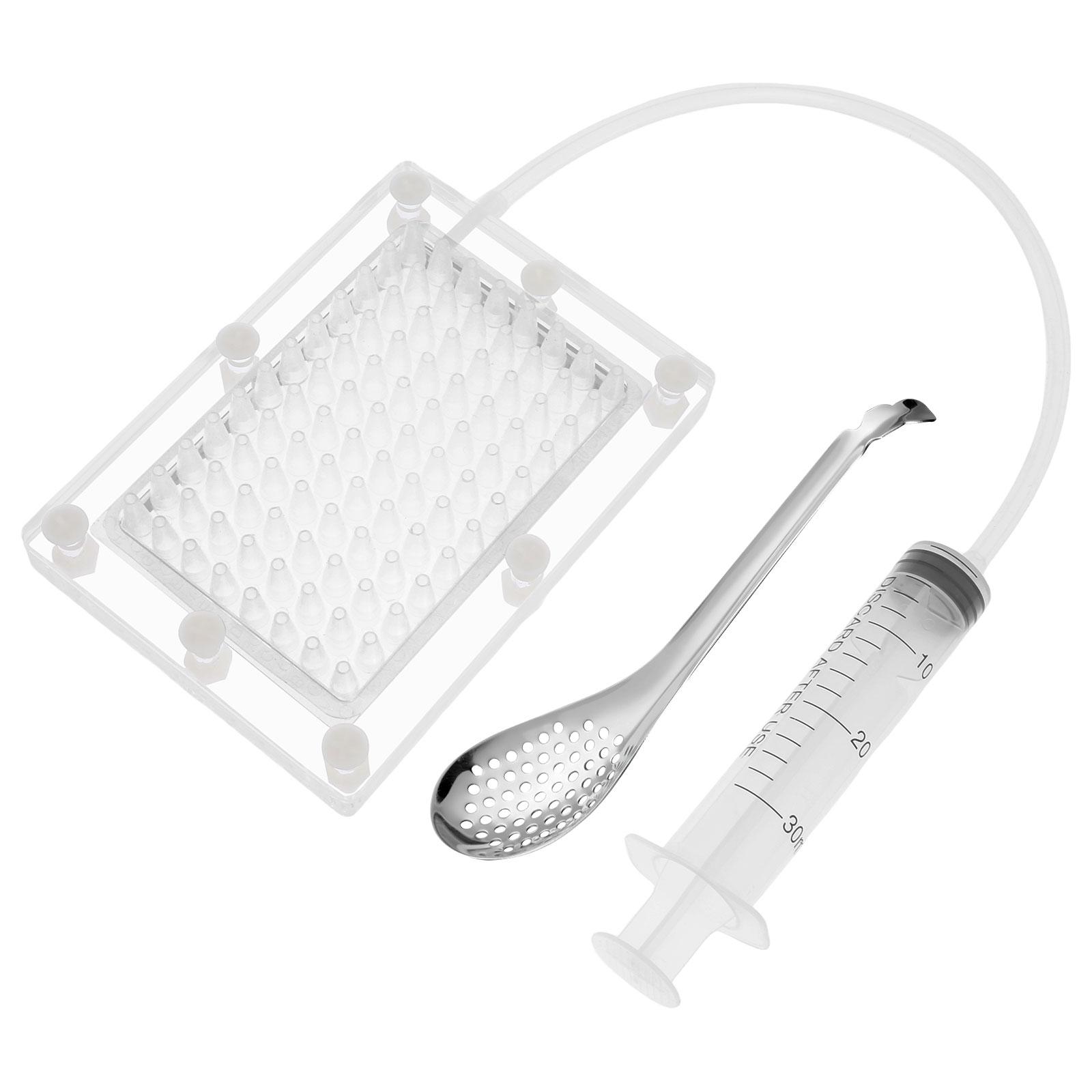 

Икорница Сферификация Капельница Набор для молекулярной гастрономии 96-луночный Диспенсер для соуса из икры Инструменты-сито с ложкой и шприцем белый