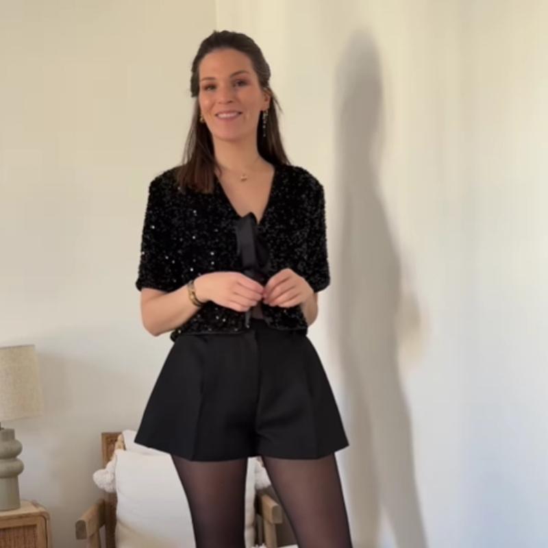 Bow Tie Lace Up Sequin Top Women's Short Sleeved V-neck Shirt Sweet Solid Color Blouses 2025 Spring and Summer Fashion