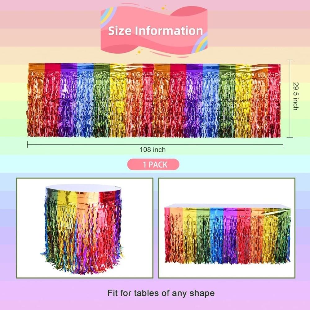 Rainbow Gradient Foil Fringe Table Skirt Wavy Design Table Decor Ornament Birthday Party