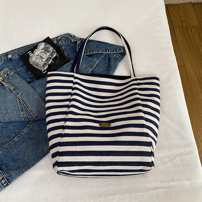 2025 Striped Knitted Bag Lazy Wind Tote Bag Student Large Capacity Casual Shoulder Bag Women