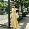 Dopamine Yellow Plaid Dress Is Thin and Gentle Temperament Neck Sling Dress Collar Lazy Vacation Style