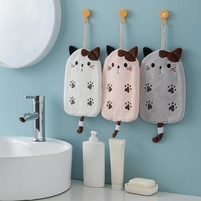 1Pcs Super Absorbent Hanging Type Cat Embroidered Towelette Home Decora Dual Purpose Coral Velvet Hand Towel Bathroom Supplies
