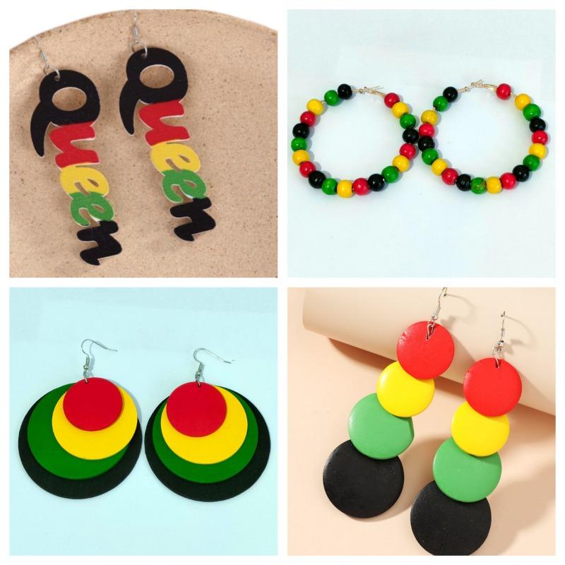 Personalisierte Schwarze Historische Holzohrringe, Mehrschichtige und Mehrfarbige Ohrringe, Rote, Gelbe und Grüne Exaggerierte Ohrringe