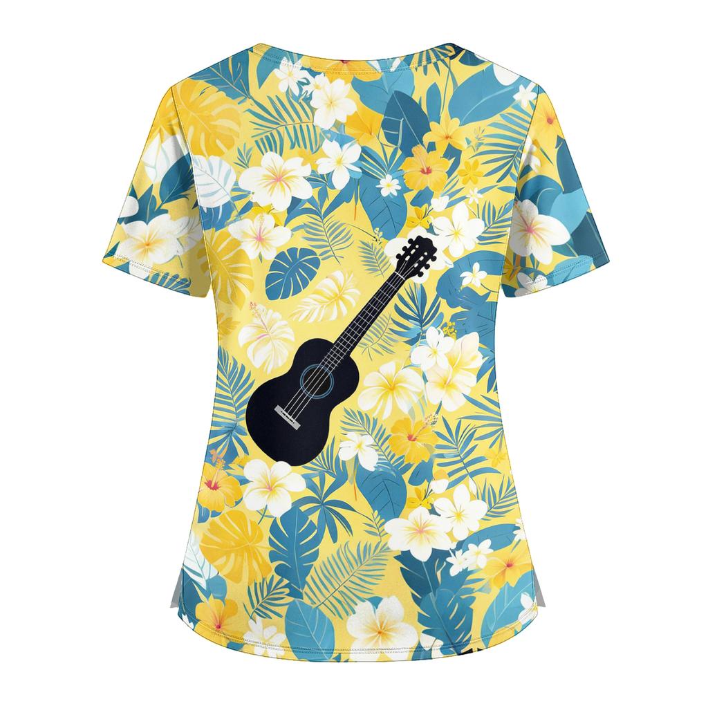 Women's V Neck Medical Scrub Top Hawaiian Print Short Sleeve Side Slit Pockets Nurse Uniform Shirt Lightweight Breathable Fabric