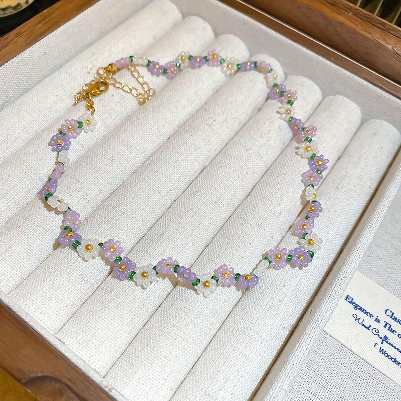 Flower Ceramic Rice Beads Beaded Stacked Necklace Retro Exquisite Collarbone Chain Design Sense Niche Necklace Women