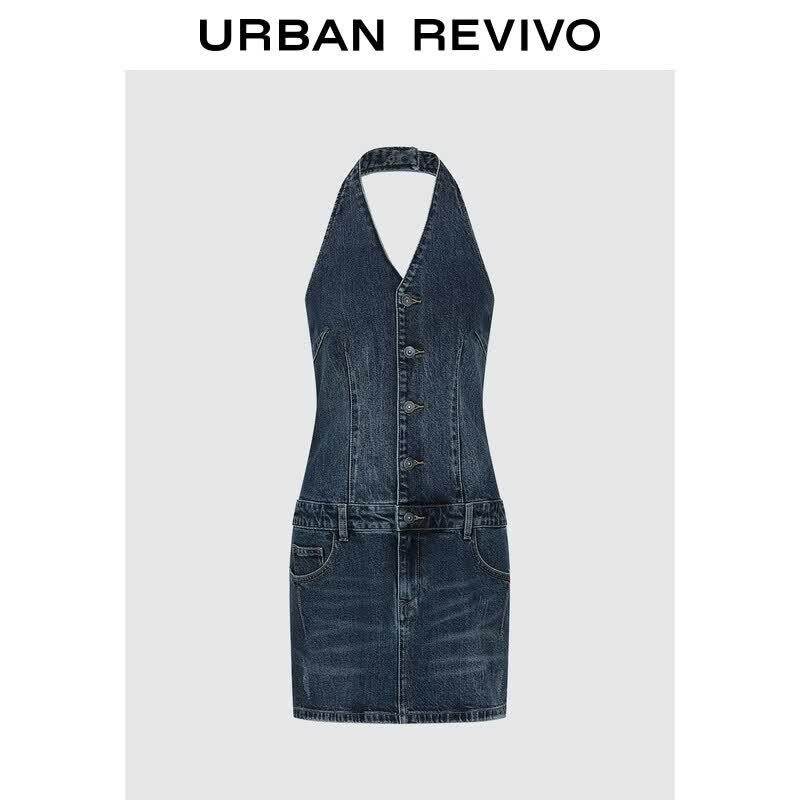

UR2026 Women s Washed Denim Halter Mini Dress XS
