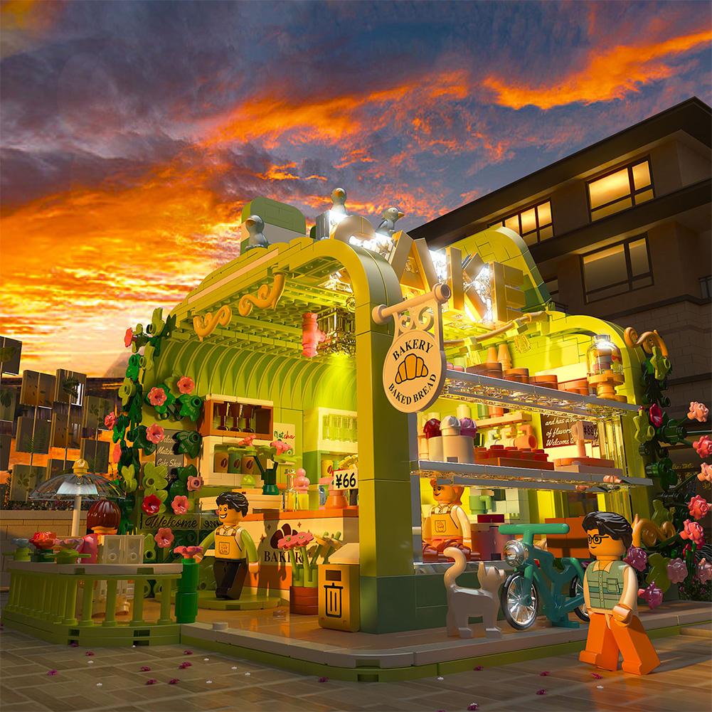1131pcs Cake Shop Building Blocks Mini City Street View Bakery Build Bricks Model Toy With Light Gifts For Boys Girls