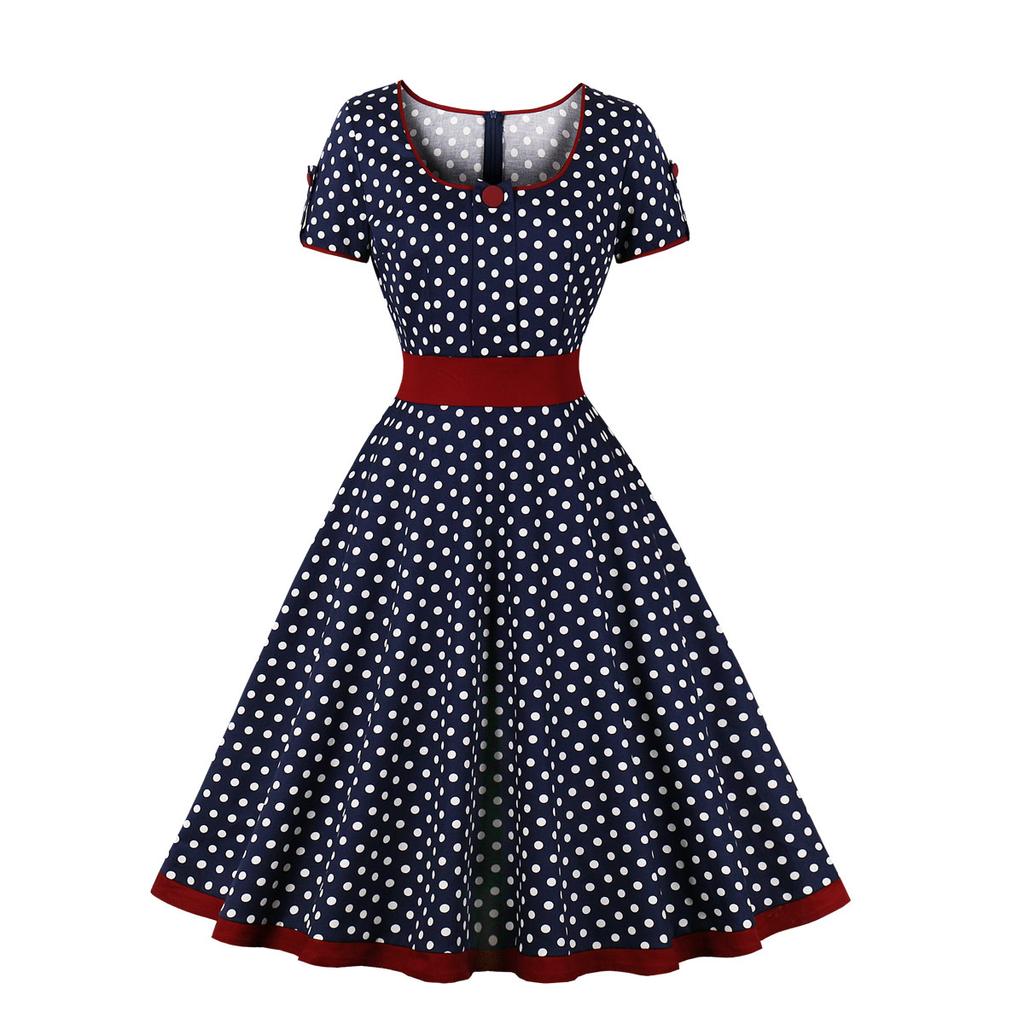 Dámské Vintage šaty Puntíky Rockabilly Koktejl Swing Šaty Jarní Letní Šaty Krátké Rukávy