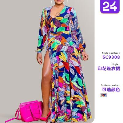 Summer New Women's Printed Sexy Dress, Holiday Style Split Deep Long Dress