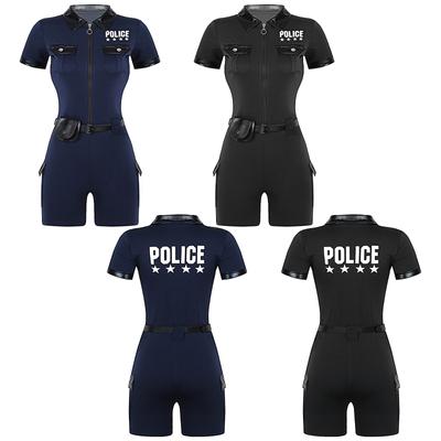 Womens Police Costume Jumpsuit with Front Zipper and Belted Waist for Role Play or Dress Up Parties