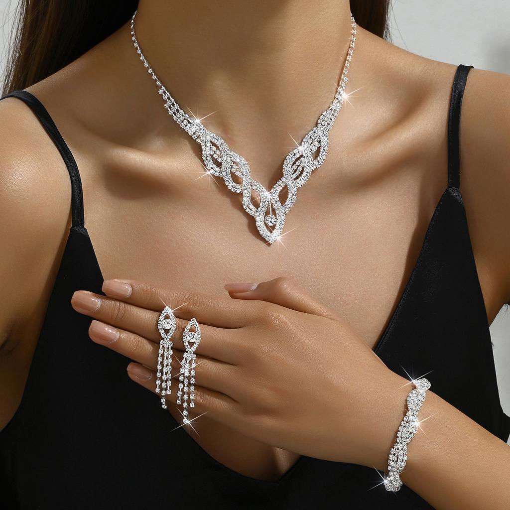 Hot Sale Jewelry Wedding Dress Bride Hollow Full Diamond Women's Necklace Earrings Bracelet Set