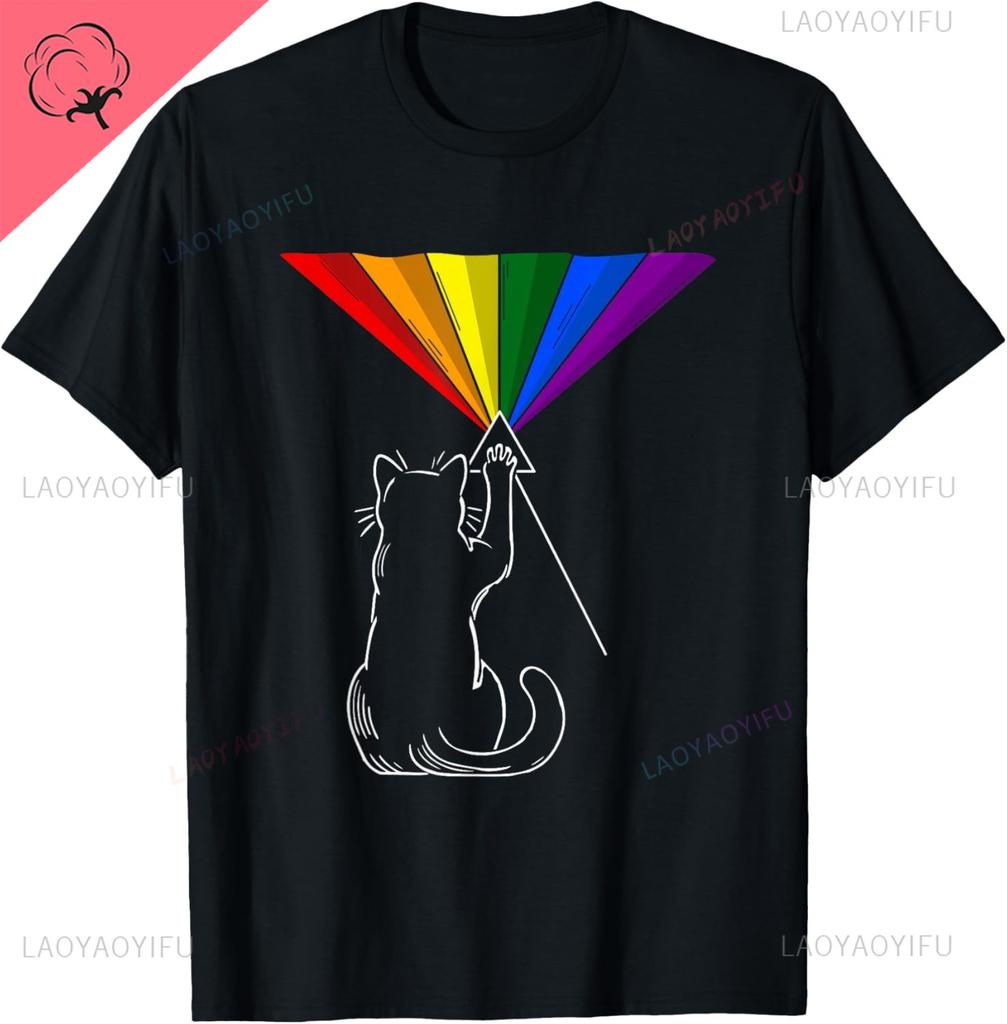 Cat Rainbow Light Cool Prism Science Spectral Unisex Unisex Kids Tshirt Kawayi Couple Cotton Customizable Camisas Streetwear