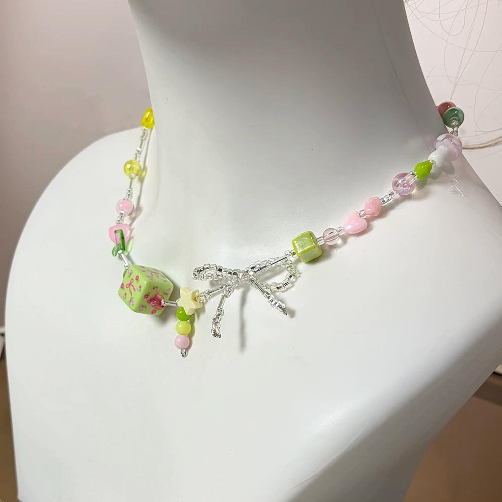 2026 Trendy Handmade Beaded Colorful acrylic Bowknot Star Pendant Necklace For Women Summer Y2k Sweet Aesthetic Neck Jewelry