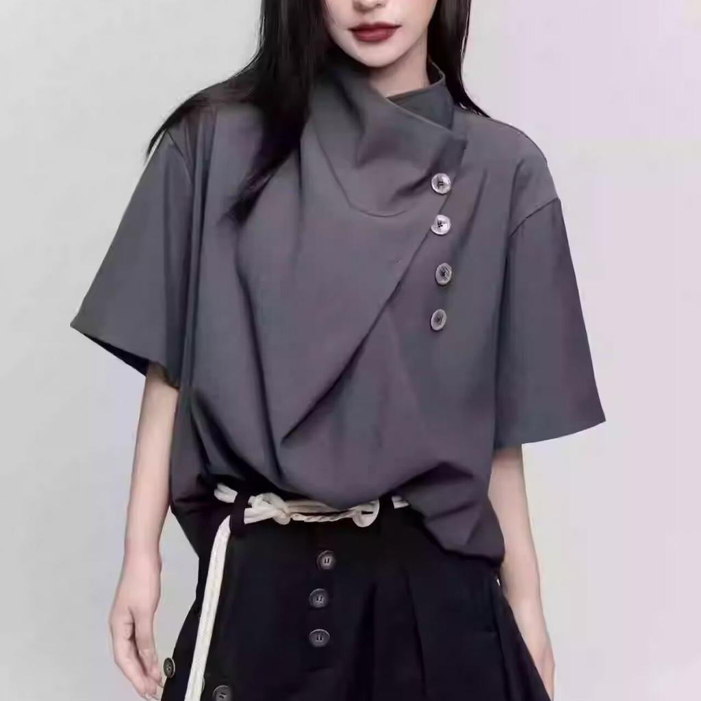 Women Irregular Multi-Button Loose Shirt Summer Short-Sleeved Tops Blouses