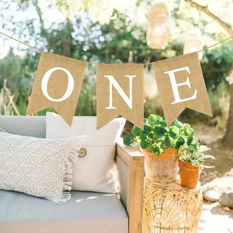 Babyshower Stol Band Jute ONE Girlang Pojke Flicka Ett År Gammal Födelsedagskalas Dekorationer Gåvor Fotorekvisita Tillbehör 3 Färger