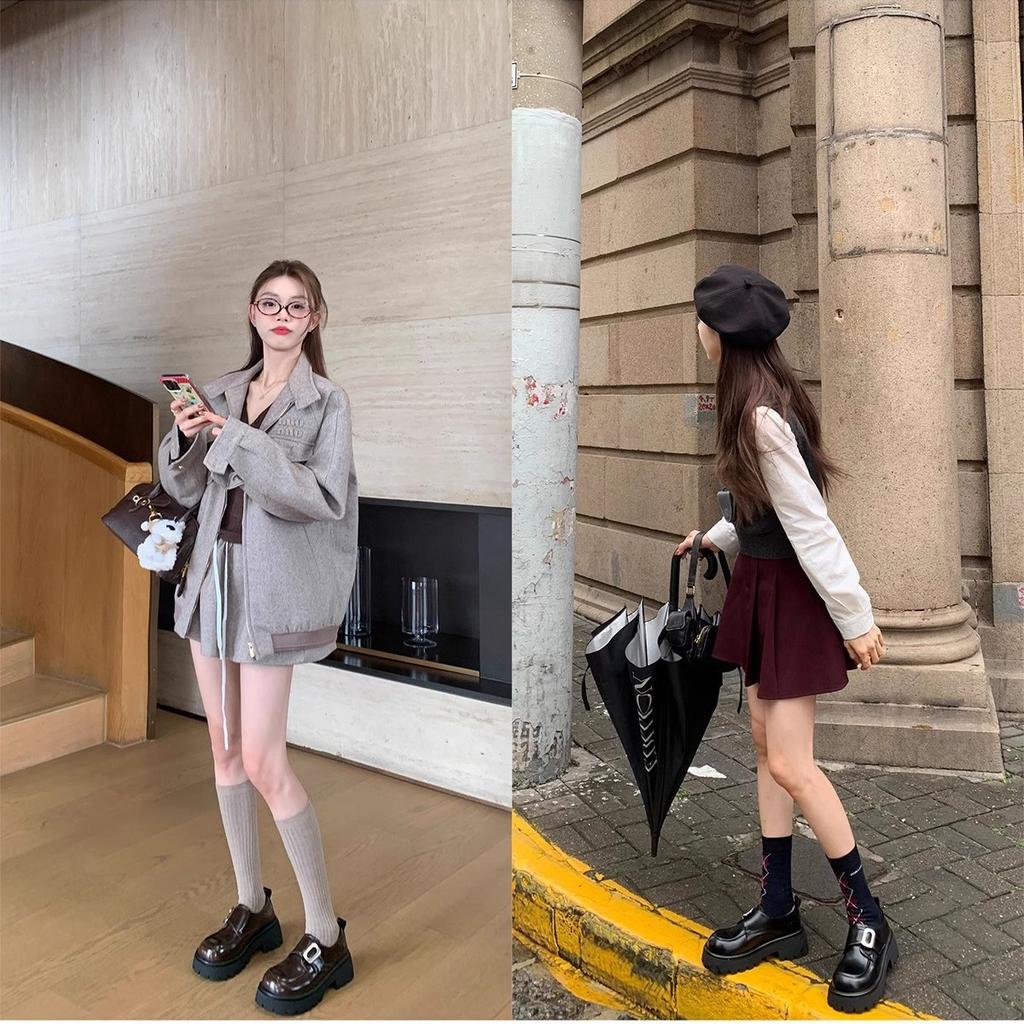 Sheepskin version~ Leather square buckle lazy one-pedal muffin thick heel thick sole leather loafers women autumn small leather shoes women