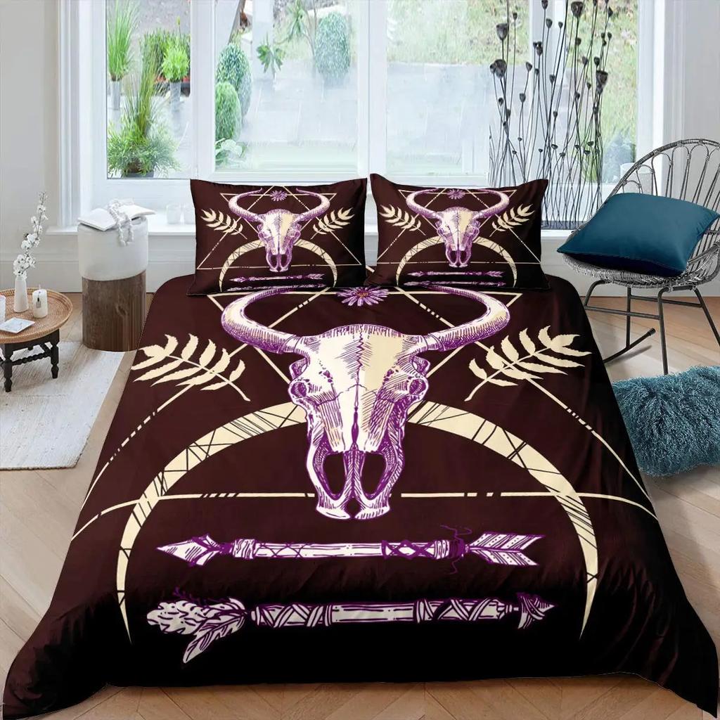 Cow Skull Duvet Cover Queen Sunflower Cattle/Bull Skeleton Bedding Set Botanical Floral Leaves Boho Tribal Polyester Quilt Cover