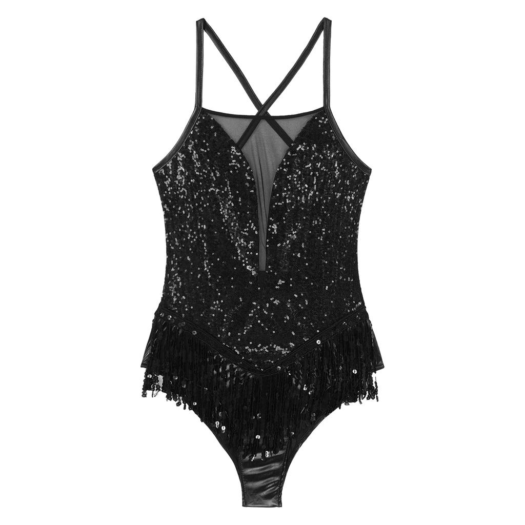Ladies Latin Performance Leotard S-XXL Sequins Fringe Cross Back with 1 Pair Gloves for Tango Rumba Cha-Cha Samba Dance