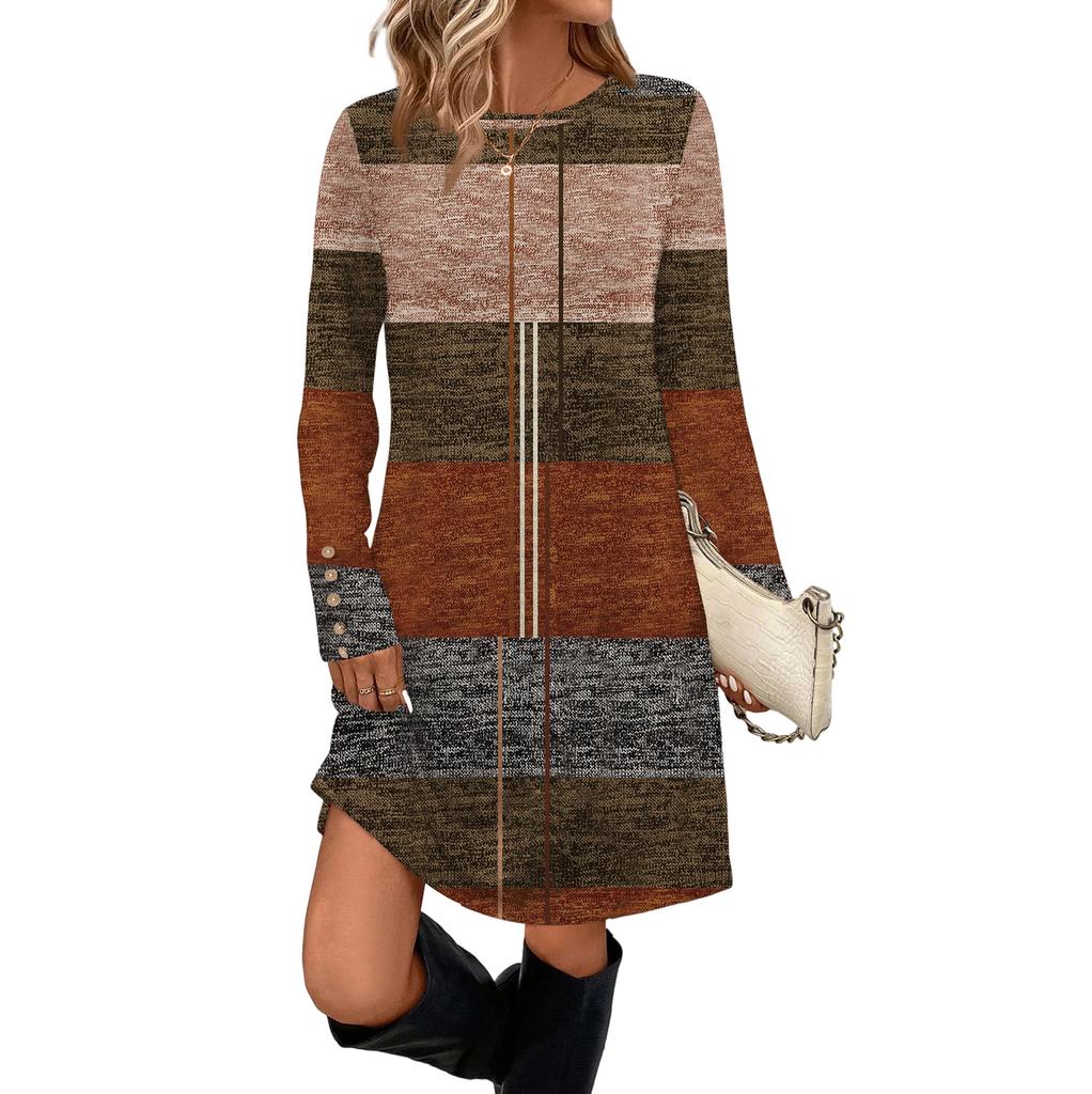 Rochie Casual de Damă la Modă Cu Buzunar, Nasturi Decorativi, Gât Rotund și Mâneci Lungi