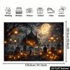 2D planar Halloween-themed background fabric, featuring Gothic spired castle, full moon, dark clouds, bats, and tombstones