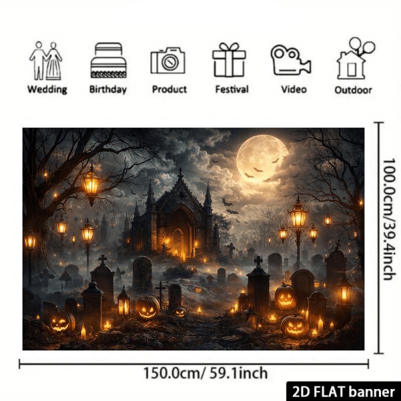 2D planar Halloween-themed background fabric, featuring Gothic spired castle, full moon, dark clouds, bats, and tombstones
