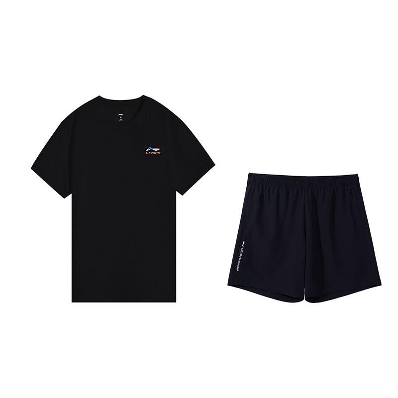 Li-Ning Summer Casual Versatile Short Sleeve Breathable Shorts Sports Suit Men Sportswear Black W871-1+W513-1