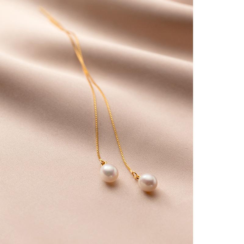 Fashion Jewelry 925 Sterling Silver Long Earrings Natural Pearl Long Chain Tassel Gold Plated Stud Earrings Ear Line for Women