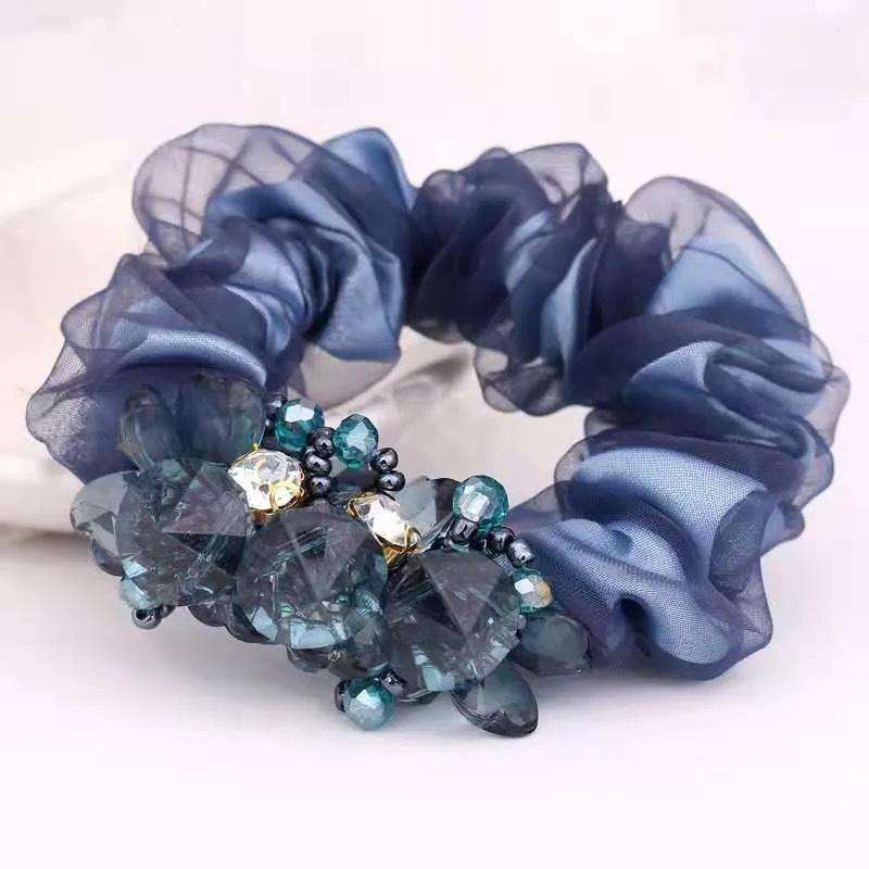 Eleganti scrunchies in tessuto floreale con cristalli per donne e ragazze, elastici per capelli, accessori per legare i capelli, anello per capelli, corda, copricapo