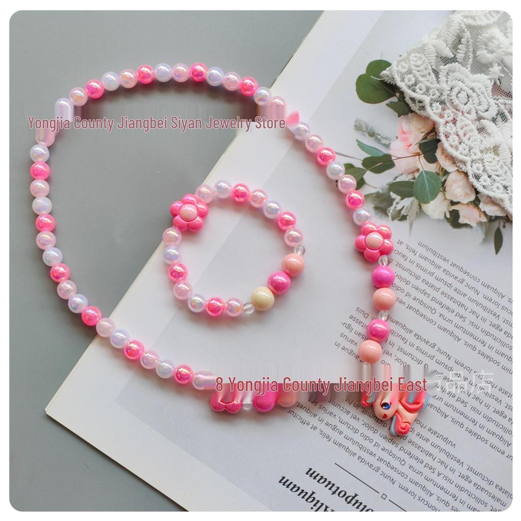 Kids' Colorful Candy Bead Necklace & Bracelet Set with Flower & Unicorn Design
