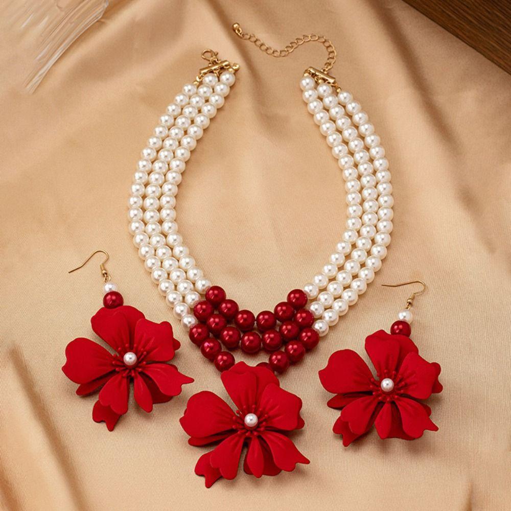 Exaggerated Multilayer Jewelry Set Pearl Beaded Earring Clavicle Chain  Banquet
