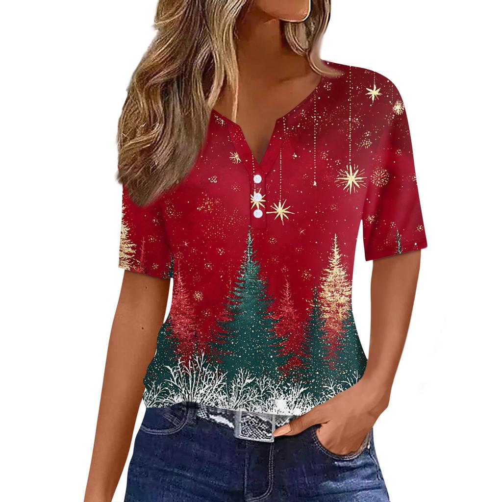 Women's T Shirt Christmas Print Button Short Sleeve Daily Weekend Fashion Basic V- Neck Regular Top