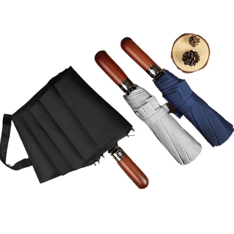 10-Bone wind-resistant full automatic wooden handle lettering three-fold men's umbrella umbrella umbrella