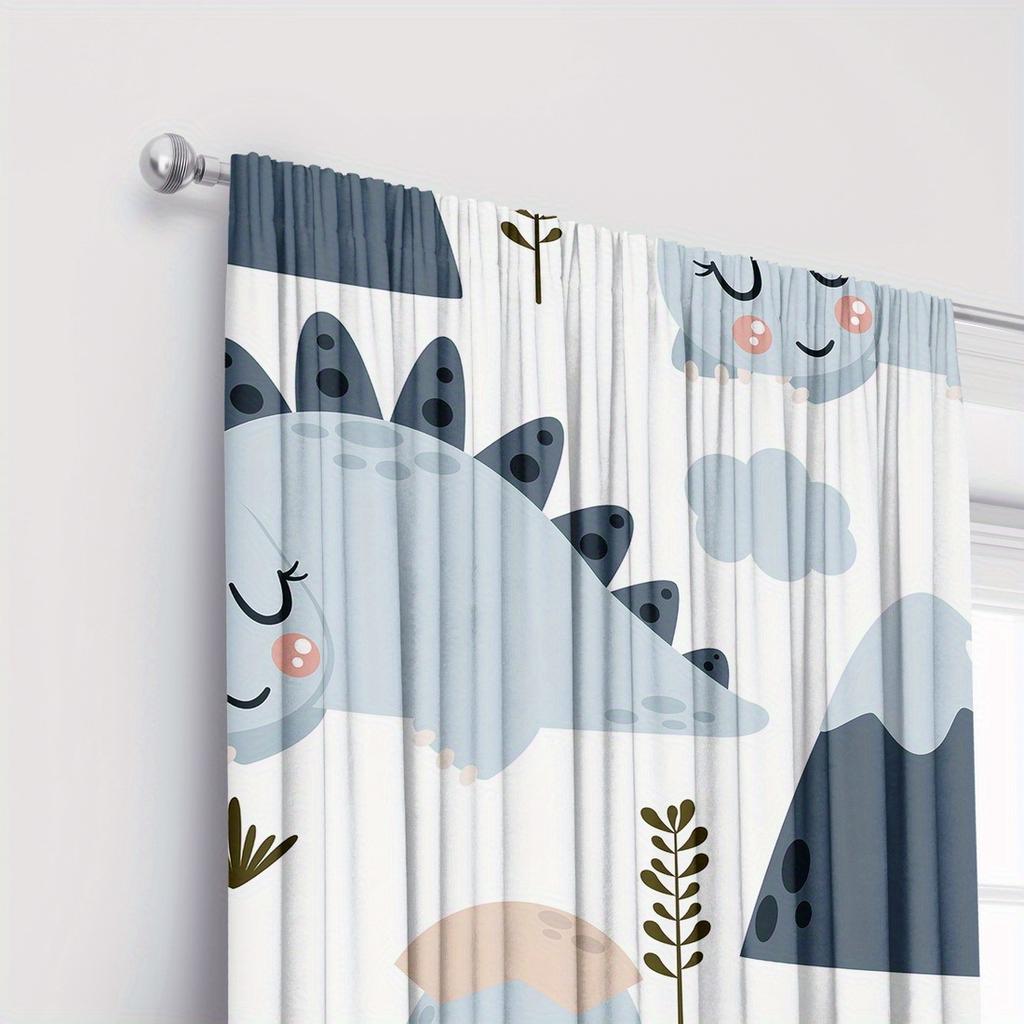 2pc Cartoon Dinosaur Print Curtains - Polyester Fabric for Bedroom   Living Room   and Kitchen - Machine Washable
