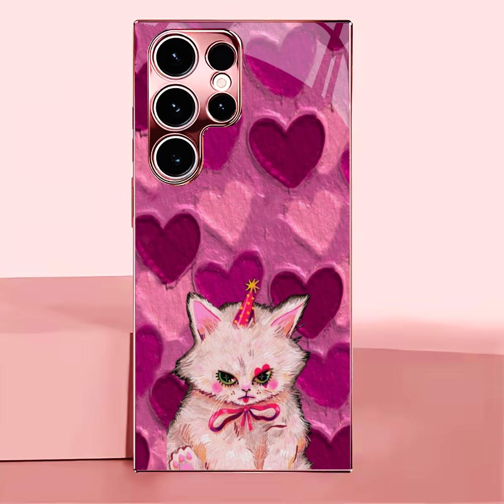Kind-hearted Kitten Madam Pink Glass PhoneCase for Samsung Galaxy S26 S25 S24 S23 S22 S21 FE Ultra Plus Dropresistant Female