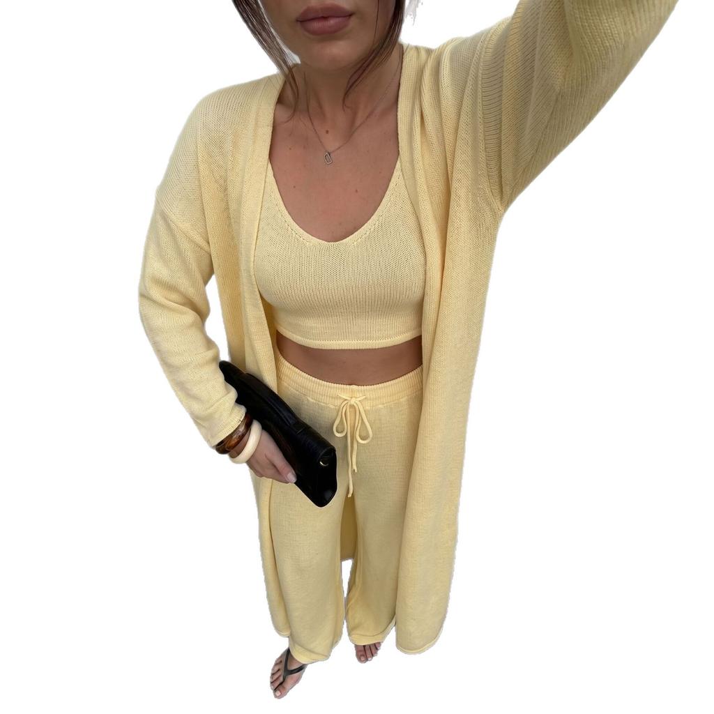 European and American style hot-selling new pure cotton sweater set: women's tank top + pants + long coat three-piece set