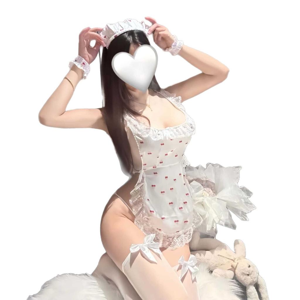Large Size Sexy Lace Water Spirit Cherry Buttocks Apron Maid Wear Sexy Lingerie Naked Back Uniform Temptation