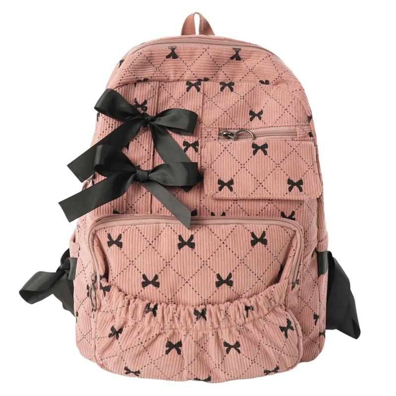 Corduroy Backpack Large Capacity Bow Print Backpack Student Schoolbag