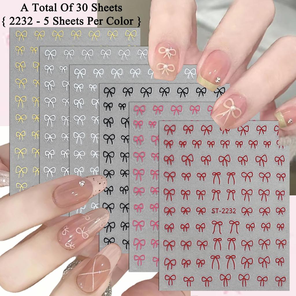2 To 30 Sheets Transparent Bow Nail Stickers 3D White Pink Black Gold Lace Ribbon Nail Art Decals for DIY Manicure