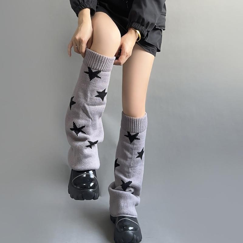 Girls Lolitas Leg Warmers Y2K Star Knitted Flared Leg Sleeves Goth Baggy Cuff Ankle Heap Socks JK Uniform Foot Cover