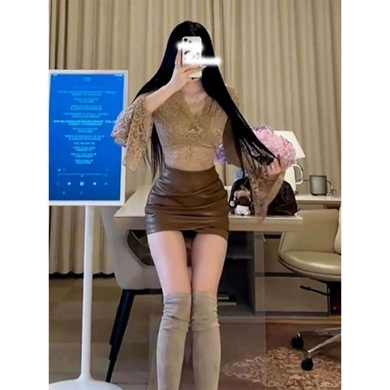 American Spicy V-Neck Lace Long Sleeve Women's Autumn Slimming Top