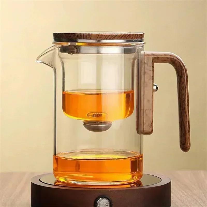 Water Separation Inner Container Teapot One Click Magnetic Switch Tea Separation Filtration Glass Tea Pot Wood Handle Tea