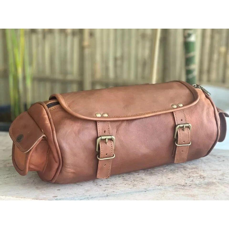 

Motorcycle Goat Leather Brown New Strap Bag Vintage Buckle Closure Tool Genuine 12 x 6 x 6 in