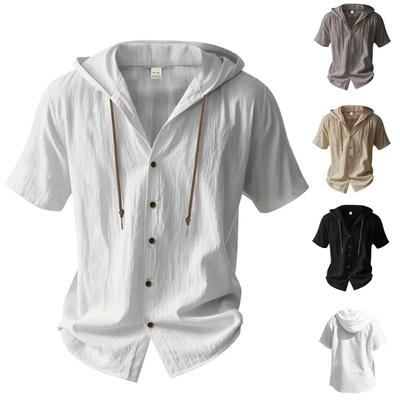Linen Shirt Men Hooded Short Sleeve Solid Color Breathable Lightweight Drawstring Design Shirts Casual Basic Tees