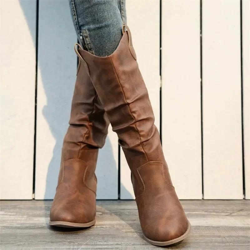 2025 New Autumn Winter Shoes for Women Slip-on Fashion Women Boots Sewing Daily Round Toe Square Heel Boots Women Botas De Mujer